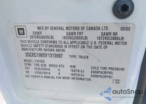 2000 Chevrolet Silverado 1500 Ls from USA, damaged, VIN 2GCEC19V5Y1313997